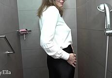 ella taking a soapy shower in shiny leggings with blowjob.