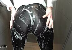 ella taking a soapy shower in shiny leggings with blowjob.