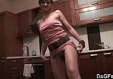 Dagfs - Freckled babe slams dildo on kitchen counter