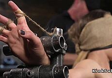 Brunette slave tied up for anal hook in dungeon 😈