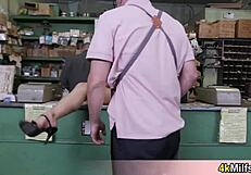 Busty nympho housewife sneaks into hubby's shop for a quick hard fuck