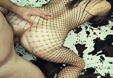 milf wife in fishnet body gets anal stretched