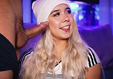 Blonde teen sucks cock passionately