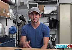 in the office, the cute stud is at work when the horny director rims and fucks his asshole with a big black cock