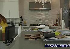 Latina teen tastes stepmom's pussy in scissoring squirting