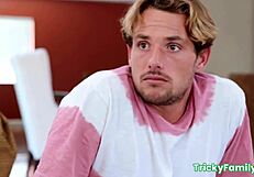 Young step-sis with small boobs and blonde hair gets fucked by big cock step-bro in taboo scene