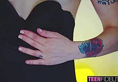 Shaved pussy teen gets pounded in all holes