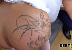 Debt4k collector fucks blonde milf in stockings while her future husband watches.