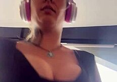 blonde with big tits runs at gym, tits pop out, gets so wet.