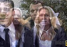 Debt4k collector fucks blonde milf in stockings while her future husband watches.