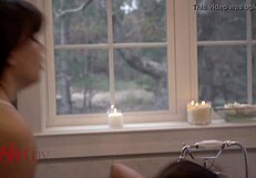 asian brunette petite lesbian scissoring by pool