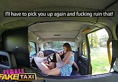 Female Fake Taxi Lesbians SHARE Massive Dildo in WET Pussies!