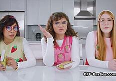 Nerdy girlfriends have a steamy group session
