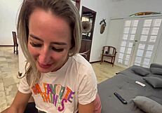 Blonde wife rides my big cock in dorm, swallows cum while cuckold husband buys bread. Patty Wife and Raul Kobra in sheer lingerie.