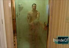Young beauty with blue eyes sucks and fucks in the shower