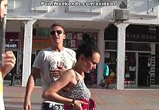 During the holiday, a brunette rips clothes and blows his cock passionately