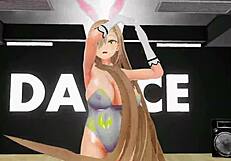 3D cartoon of blonde bunny girl undressing and dancing