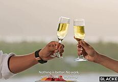 Gorgeous brunette hotwife Malena bends over for double penetration by two big black cocks, ending with cum in her mouth.