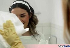 These cute teens got bored cleaning, so they took my cock