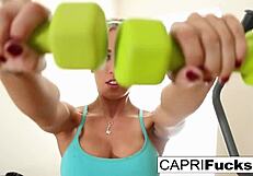 Brunette Pornstar Gives Blowjob During Workout