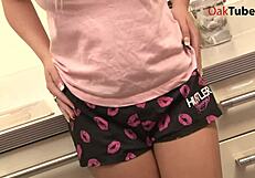 Hot blonde teen 18+ enjoys solo play in the kitchen. Her tight frame captivates during intimate moments.