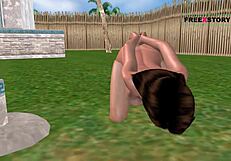 Cute Girl In 3D Cartoon Masturbates With Cucumber On Ground.