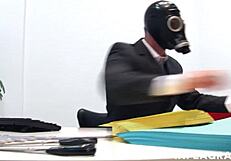 chesty blonde babe in latex gets fingered and choked while taking a hard shaft