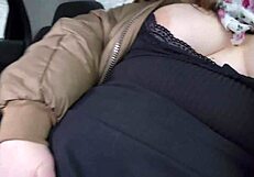 This chubby cute girl tore her pantyhose in a taxicab. She played with her wet pussy and sucked a dildo.