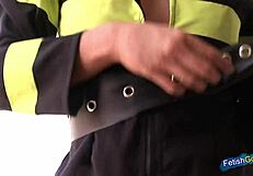 Skinny blonde in firefighter gear undresses and teases