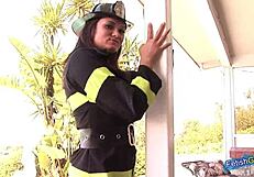 Skinny blonde in firefighter gear undresses and teases