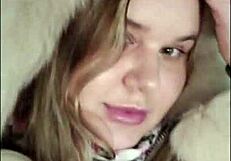 This chubby cute girl tore her pantyhose in a taxicab. She played with her wet pussy and sucked a dildo.