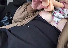 This chubby cute girl tore her pantyhose in a taxicab. She played with her wet pussy and sucked a dildo.