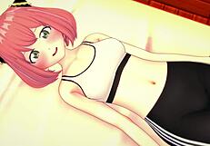 Anya finishes her exercise and wants to sit on a big cock in hentai.