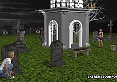 3d babe enjoys double penetration in the graveyard
