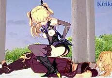 Amber and Fischl in Intense Sex with Amy and Aether - Genshin Impact Hentai