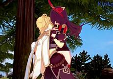 Amber and Fischl in Intense Sex with Amy and Aether - Genshin Impact Hentai