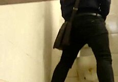 Intriguing gay sex encounter happening in the second toilet.