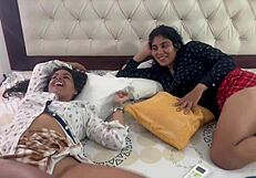 Step-sisters and step-dad engage in hot threesome action