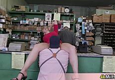 Busty Mature Housewife Gets Quickie Fuck in Electronic Shop with Blowjob and Pussy Fucking