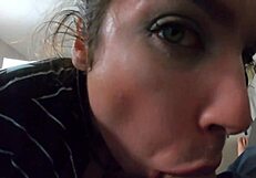 Dumb wife in cosplay swallows cum after deepthroat action with athletic brunette.