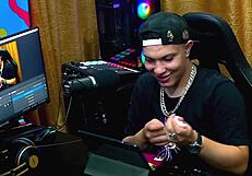 Girlfriend gives intense handjob on podcast with toy