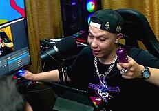 Girlfriend gives intense handjob on podcast with toy