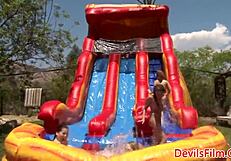 Hot lesbos enjoy outdoor gangbang with pussy and ass toys