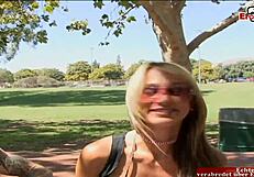 Skinny blonde wife with small tits takes cumshot while cuckold watches, damn!