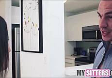 Teen babysitter hooks up with client after his date falls through. Their curvy brunette action heats up fast.