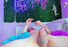 Jazmin deepthroats her friend's big cock while rubbing her pussy!