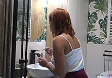 hot sexy tight pussy redhead girlfriend in the bathroom no panties tases in a miniskirt