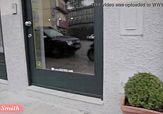 Jeny Smith endures strap bondage in public flashing