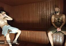 The married man in the sauna thrusts deep into the slut without mercy.