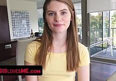 Brunette stepsister sucks big cock and swallows cum